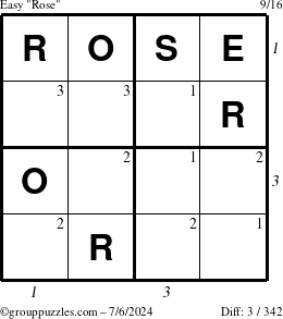 The grouppuzzles.com Easy Rose puzzle for Saturday July 6, 2024 with all 3 steps marked