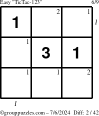 The grouppuzzles.com Easy TicTac-123 puzzle for Saturday July 6, 2024 with all 2 steps marked