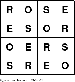 The grouppuzzles.com Answer grid for the Rose puzzle for Saturday July 6, 2024