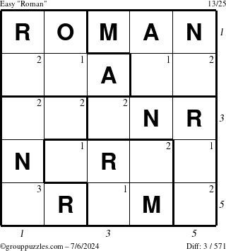 The grouppuzzles.com Easy Roman puzzle for Saturday July 6, 2024 with all 3 steps marked