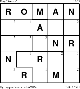 The grouppuzzles.com Easy Roman puzzle for Saturday July 6, 2024 with the first 3 steps marked