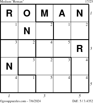 The grouppuzzles.com Medium Roman puzzle for Saturday July 6, 2024 with all 5 steps marked