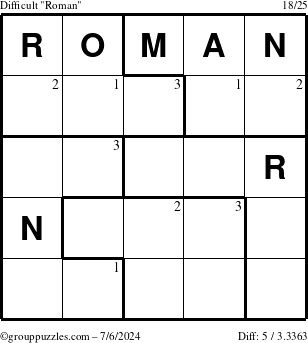 The grouppuzzles.com Difficult Roman puzzle for Saturday July 6, 2024 with the first 3 steps marked