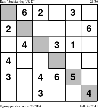 The grouppuzzles.com Easy Sudoku-6up-UR-D puzzle for Saturday July 6, 2024