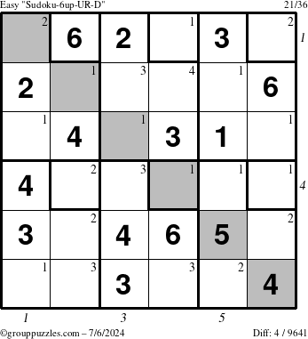 The grouppuzzles.com Easy Sudoku-6up-UR-D puzzle for Saturday July 6, 2024 with all 4 steps marked