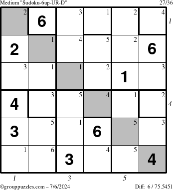 The grouppuzzles.com Medium Sudoku-6up-UR-D puzzle for Saturday July 6, 2024, suitable for printing, with all 6 steps marked