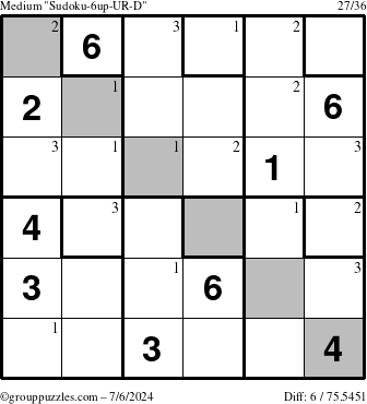 The grouppuzzles.com Medium Sudoku-6up-UR-D puzzle for Saturday July 6, 2024 with the first 3 steps marked