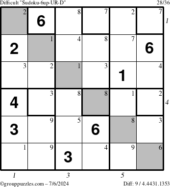 The grouppuzzles.com Difficult Sudoku-6up-UR-D puzzle for Saturday July 6, 2024 with all 9 steps marked