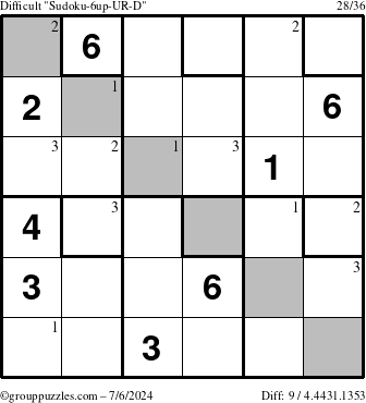 The grouppuzzles.com Difficult Sudoku-6up-UR-D puzzle for Saturday July 6, 2024 with the first 3 steps marked