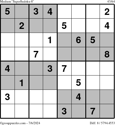 The grouppuzzles.com Medium SuperSudoku-8 puzzle for Saturday July 6, 2024