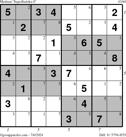 The grouppuzzles.com Medium SuperSudoku-8 puzzle for Saturday July 6, 2024, suitable for printing, with all 8 steps marked