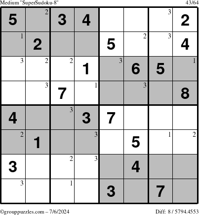 The grouppuzzles.com Medium SuperSudoku-8 puzzle for Saturday July 6, 2024 with the first 3 steps marked