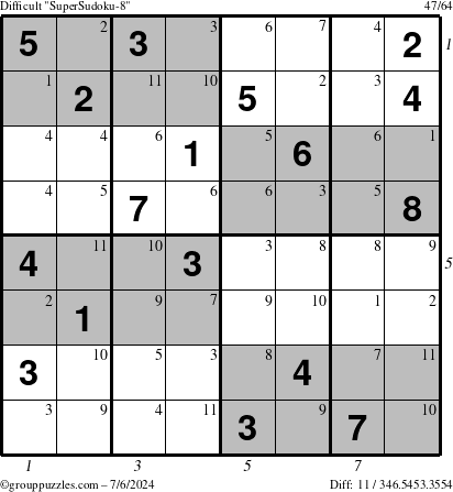 The grouppuzzles.com Difficult SuperSudoku-8 puzzle for Saturday July 6, 2024 with all 11 steps marked