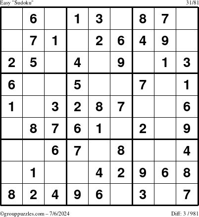 The grouppuzzles.com Easy Sudoku puzzle for Saturday July 6, 2024