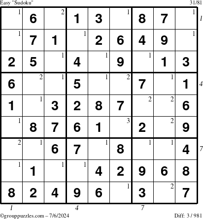 The grouppuzzles.com Easy Sudoku puzzle for Saturday July 6, 2024 with all 3 steps marked