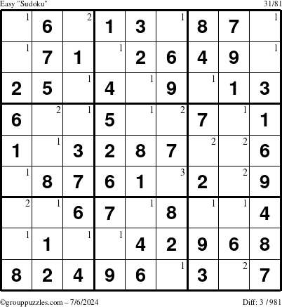 The grouppuzzles.com Easy Sudoku puzzle for Saturday July 6, 2024 with the first 3 steps marked