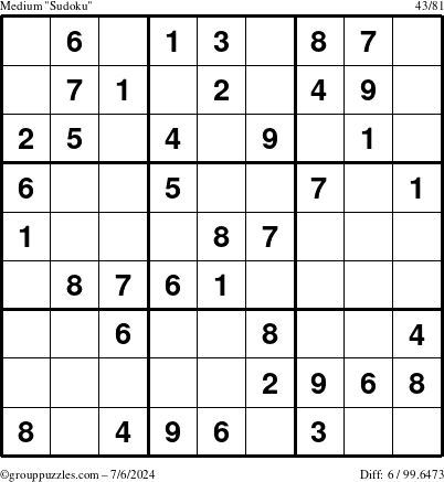 The grouppuzzles.com Medium Sudoku puzzle for Saturday July 6, 2024