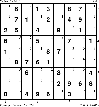 The grouppuzzles.com Medium Sudoku puzzle for Saturday July 6, 2024, suitable for printing, with all 6 steps marked