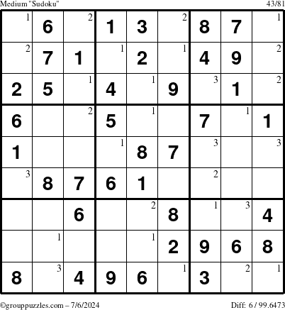 The grouppuzzles.com Medium Sudoku puzzle for Saturday July 6, 2024 with the first 3 steps marked