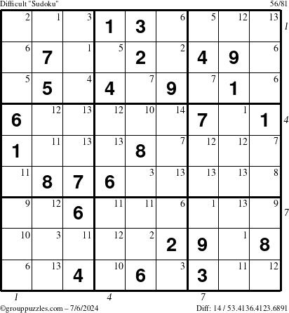 The grouppuzzles.com Difficult Sudoku puzzle for Saturday July 6, 2024 with all 14 steps marked