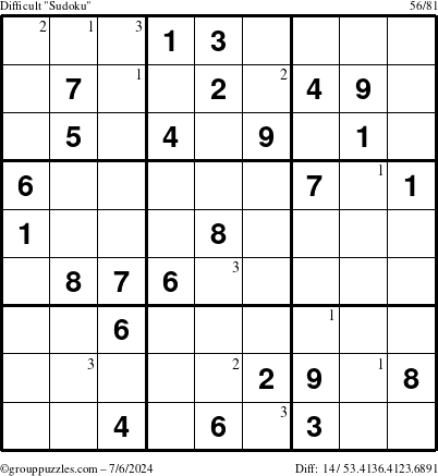 The grouppuzzles.com Difficult Sudoku puzzle for Saturday July 6, 2024 with the first 3 steps marked