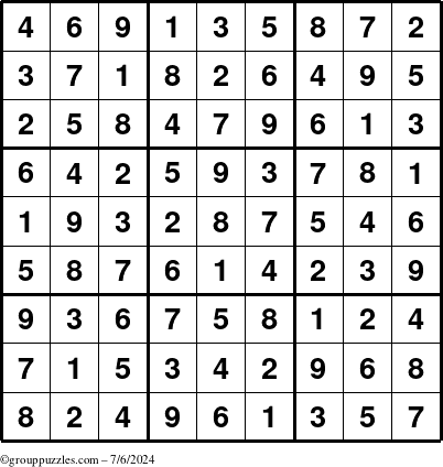 The grouppuzzles.com Answer grid for the Sudoku puzzle for Saturday July 6, 2024