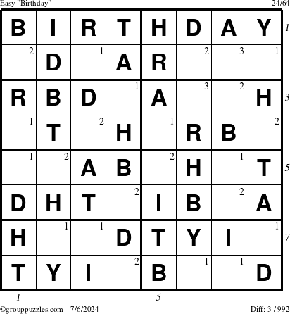 The grouppuzzles.com Easy Birthday puzzle for Saturday July 6, 2024 with all 3 steps marked