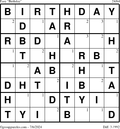 The grouppuzzles.com Easy Birthday puzzle for Saturday July 6, 2024 with the first 3 steps marked