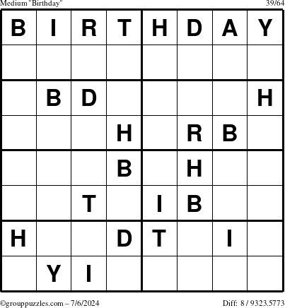 The grouppuzzles.com Medium Birthday puzzle for Saturday July 6, 2024