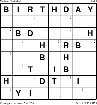 The grouppuzzles.com Medium Birthday puzzle for Saturday July 6, 2024 with the first 3 steps marked