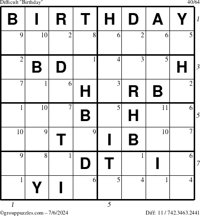 The grouppuzzles.com Difficult Birthday puzzle for Saturday July 6, 2024 with all 11 steps marked