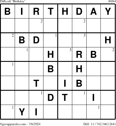 The grouppuzzles.com Difficult Birthday puzzle for Saturday July 6, 2024 with the first 3 steps marked