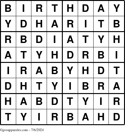 The grouppuzzles.com Answer grid for the Birthday puzzle for Saturday July 6, 2024