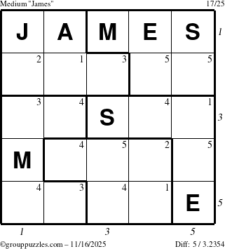 The grouppuzzles.com Medium James puzzle for Sunday November 16, 2025, suitable for printing, with all 5 steps marked