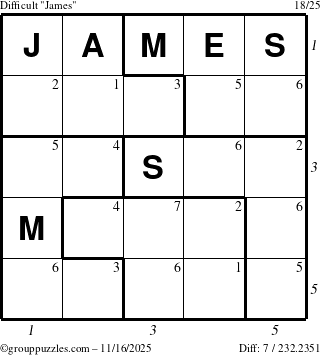 The grouppuzzles.com Difficult James puzzle for Sunday November 16, 2025 with all 7 steps marked