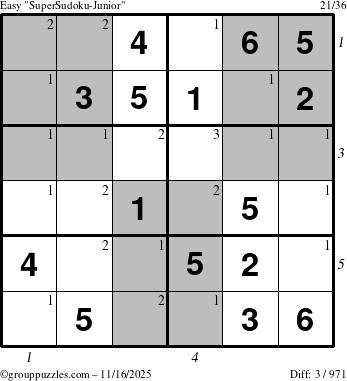 The grouppuzzles.com Easy SuperSudoku-Junior puzzle for Sunday November 16, 2025 with all 3 steps marked
