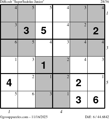 The grouppuzzles.com Difficult SuperSudoku-Junior puzzle for Sunday November 16, 2025 with all 6 steps marked
