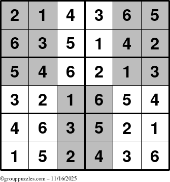The grouppuzzles.com Answer grid for the SuperSudoku-Junior puzzle for Sunday November 16, 2025