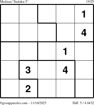 The grouppuzzles.com Medium Sudoku-5 puzzle for Sunday November 16, 2025