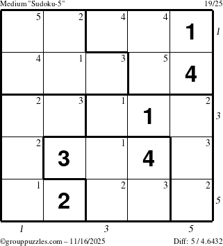 The grouppuzzles.com Medium Sudoku-5 puzzle for Sunday November 16, 2025 with all 5 steps marked