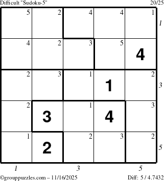 The grouppuzzles.com Difficult Sudoku-5 puzzle for Sunday November 16, 2025 with all 5 steps marked