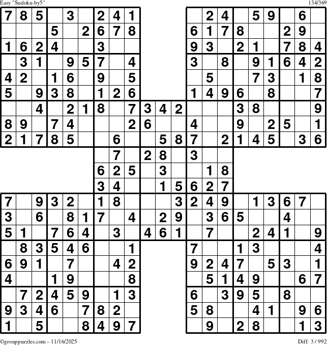 The grouppuzzles.com Easy Sudoku-by5 puzzle for Sunday November 16, 2025