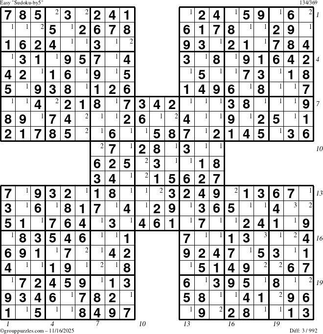 The grouppuzzles.com Easy Sudoku-by5 puzzle for Sunday November 16, 2025 with all 3 steps marked