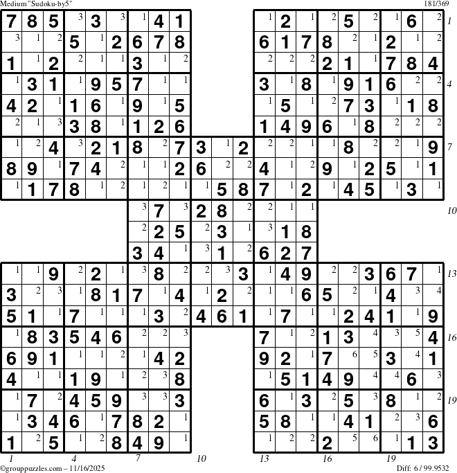 The grouppuzzles.com Medium Sudoku-by5 puzzle for Sunday November 16, 2025, suitable for printing, with all 6 steps marked