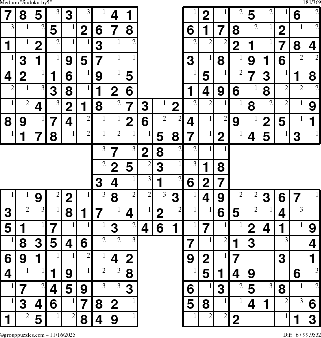 The grouppuzzles.com Medium Sudoku-by5 puzzle for Sunday November 16, 2025 with the first 3 steps marked