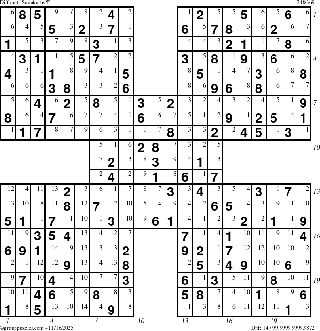 The grouppuzzles.com Difficult Sudoku-by5 puzzle for Sunday November 16, 2025 with all 14 steps marked