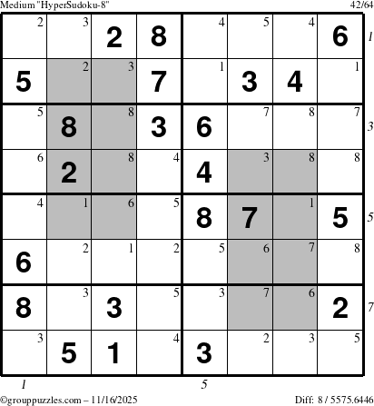 The grouppuzzles.com Medium HyperSudoku-8 puzzle for Sunday November 16, 2025, suitable for printing, with all 8 steps marked