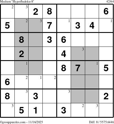 The grouppuzzles.com Medium HyperSudoku-8 puzzle for Sunday November 16, 2025 with the first 3 steps marked