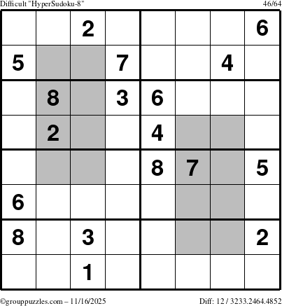 The grouppuzzles.com Difficult HyperSudoku-8 puzzle for Sunday November 16, 2025