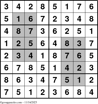 The grouppuzzles.com Answer grid for the HyperSudoku-8 puzzle for Sunday November 16, 2025